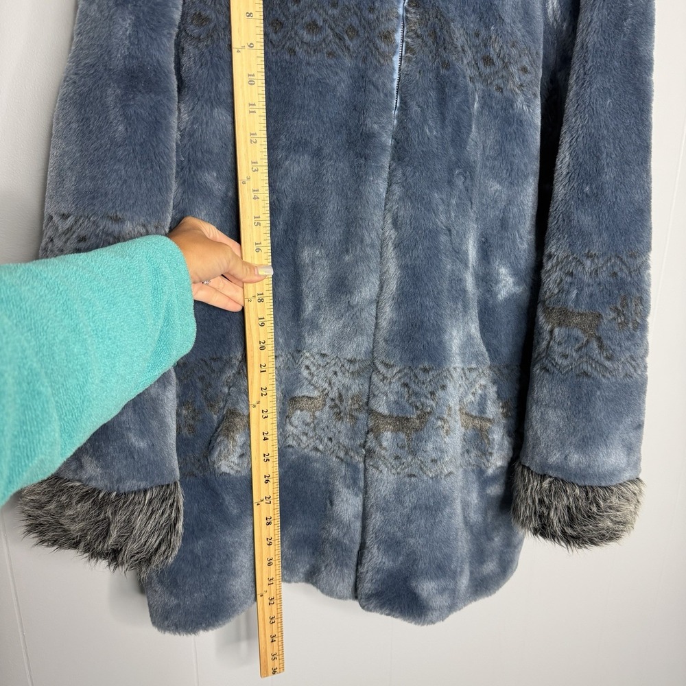 Nordic Lights Coat Womens Large Blue Faux Fur Hooded Fair Isle Reindeer Parka - Picture 12 of 14